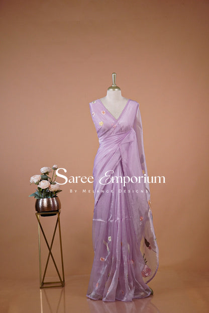 Tissue Organza Embroidery Saree For Women Lavender.