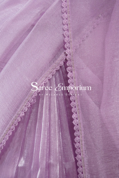 Tissue Organza Embroidery Saree For Women Lavender Side View.