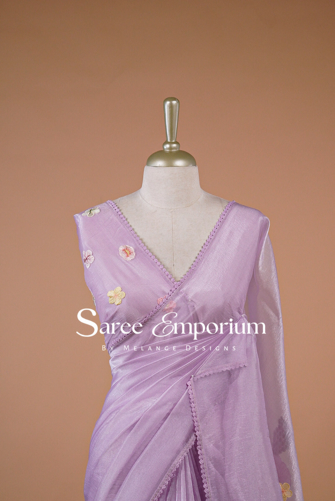 Tissue Organza Embroidery Saree For Women Lavender Close View.