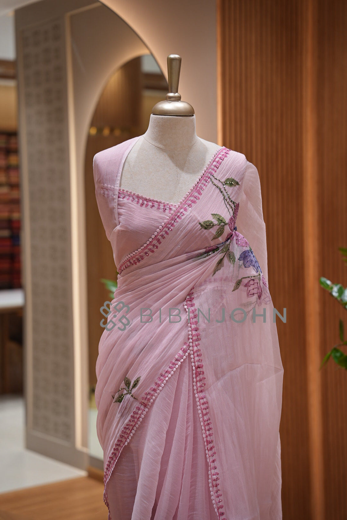 Tissue Organza Embroidery Saree For Women Blush Pink close view
