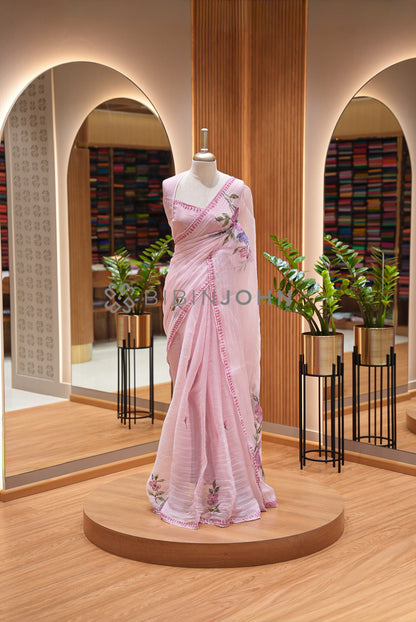 Tissue Organza Embroidery Saree For Women Blush Pink