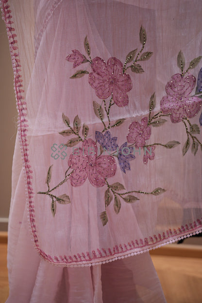 Tissue Organza Embroidery Saree For Women Blush Pink pallu