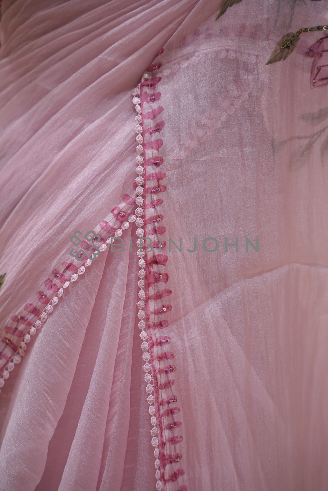 Tissue Organza Embroidery Saree For Women Blush Pink side view