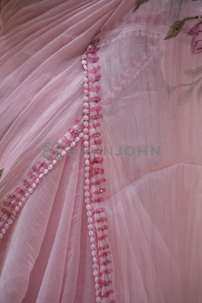 Tissue Organza Embroidery Saree For Women Blush Pink side view