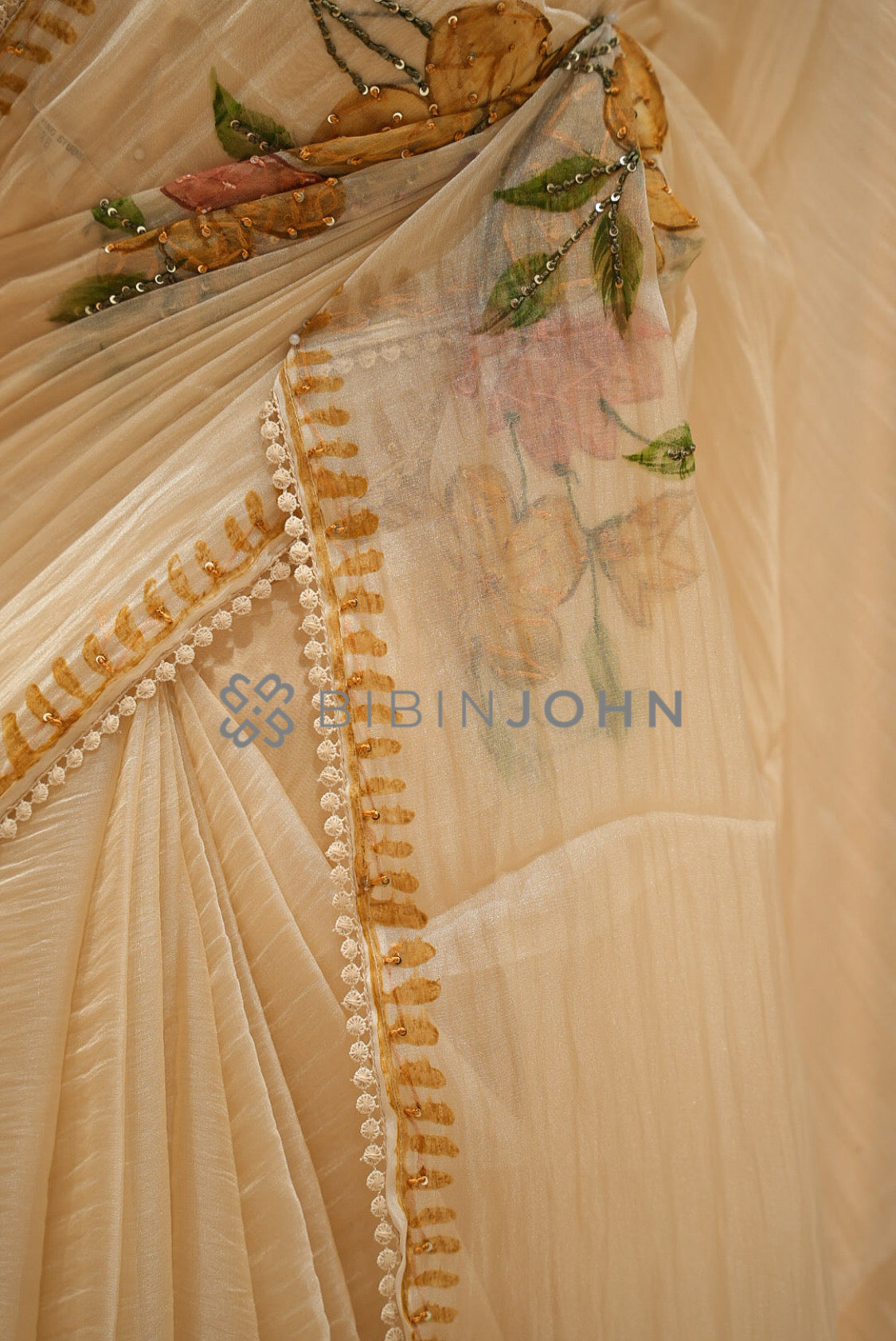 Tissue Organza Embroidery Saree For Women Ivory Cream side view