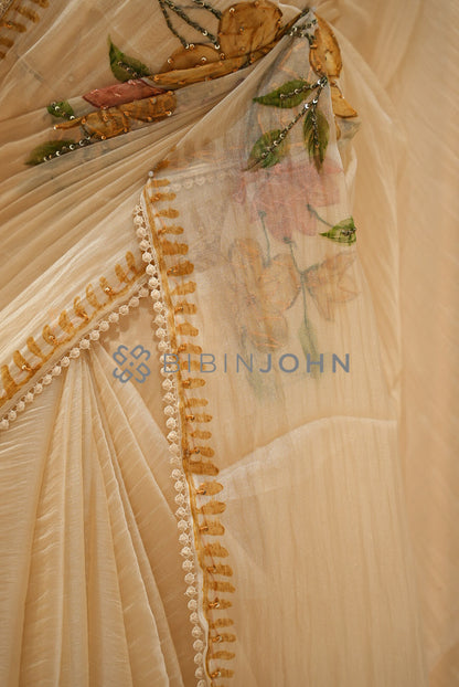 Tissue Organza Embroidery Saree For Women Ivory Cream side view