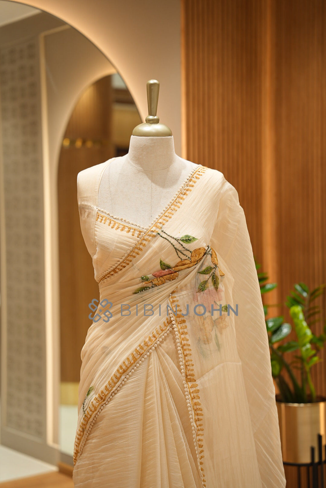 Tissue Organza Embroidery Saree For Women Ivory Cream close view