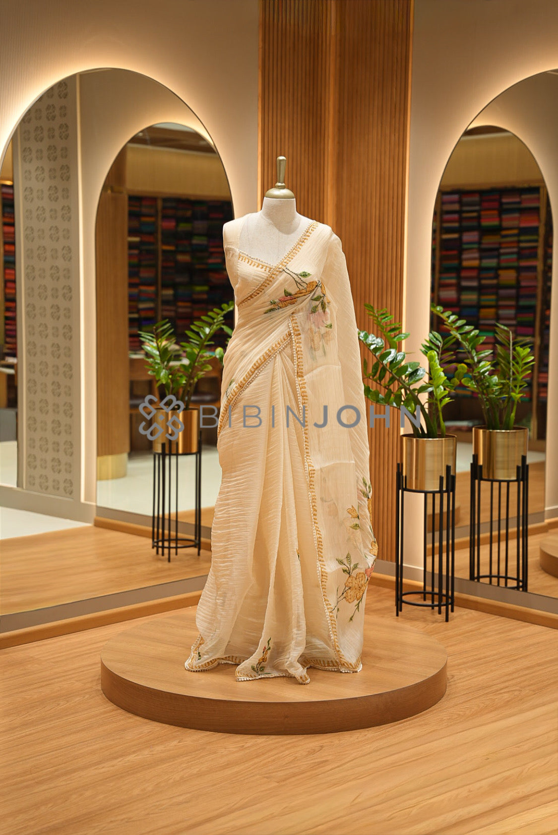 Tissue Organza Embroidery Saree For Women Ivory Cream