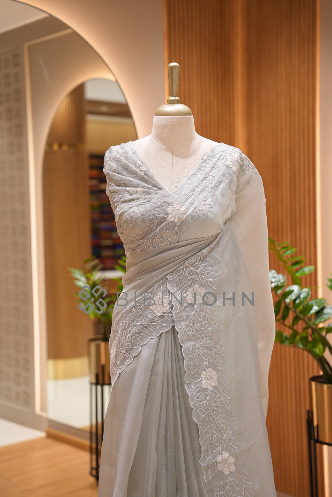 Tissue Organza Embroidery Saree For Women Pearl Grey close view