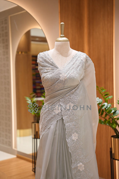 Tissue Organza Embroidery Saree For Women Pearl Grey close view