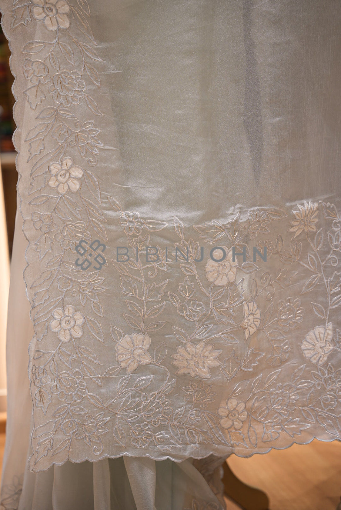 Tissue Organza Embroidery Saree For Women Pearl Grey pallu