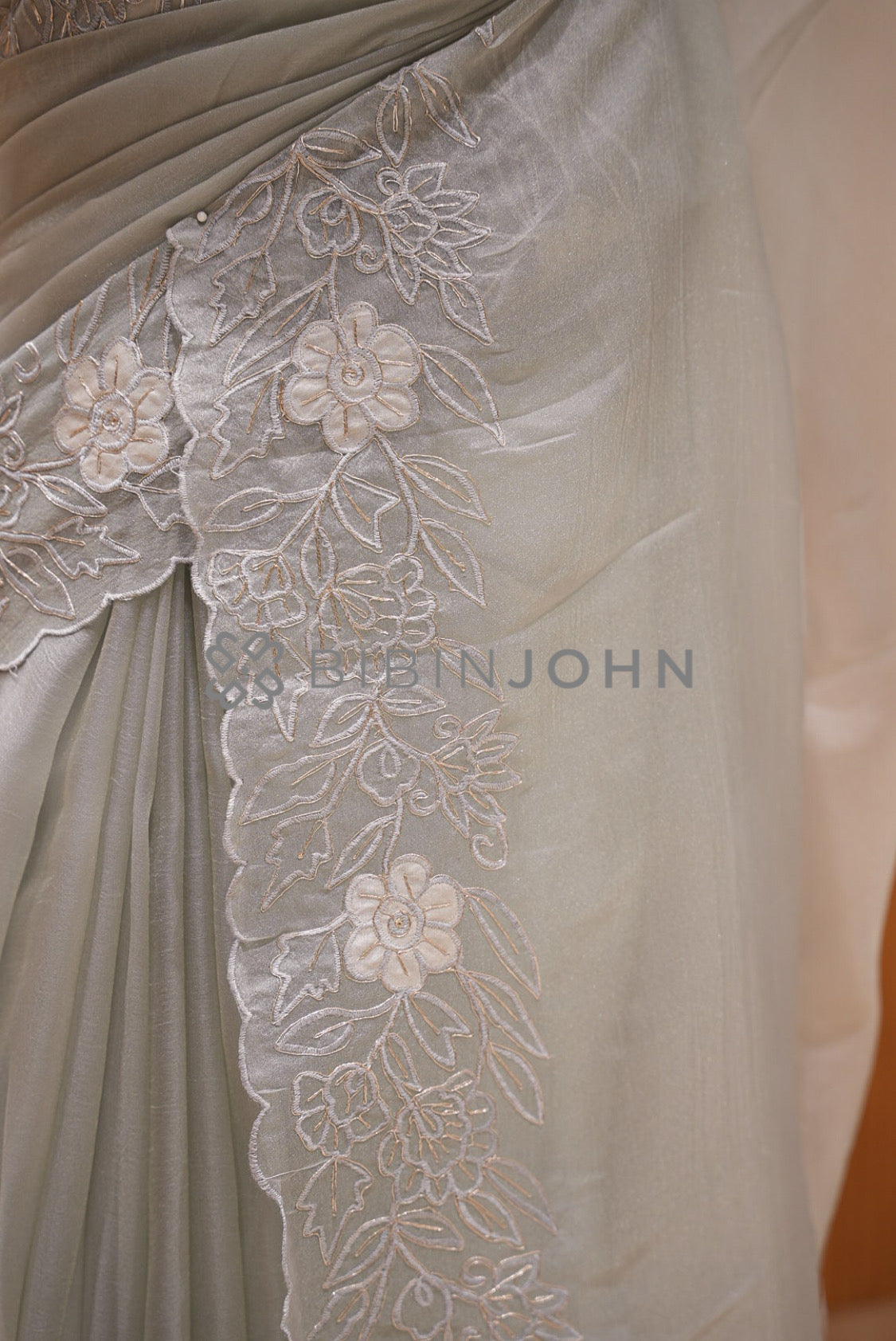 Tissue Organza Embroidery Saree For Women Pearl Grey side view