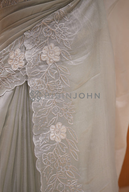 Tissue Organza Embroidery Saree For Women Pearl Grey side view