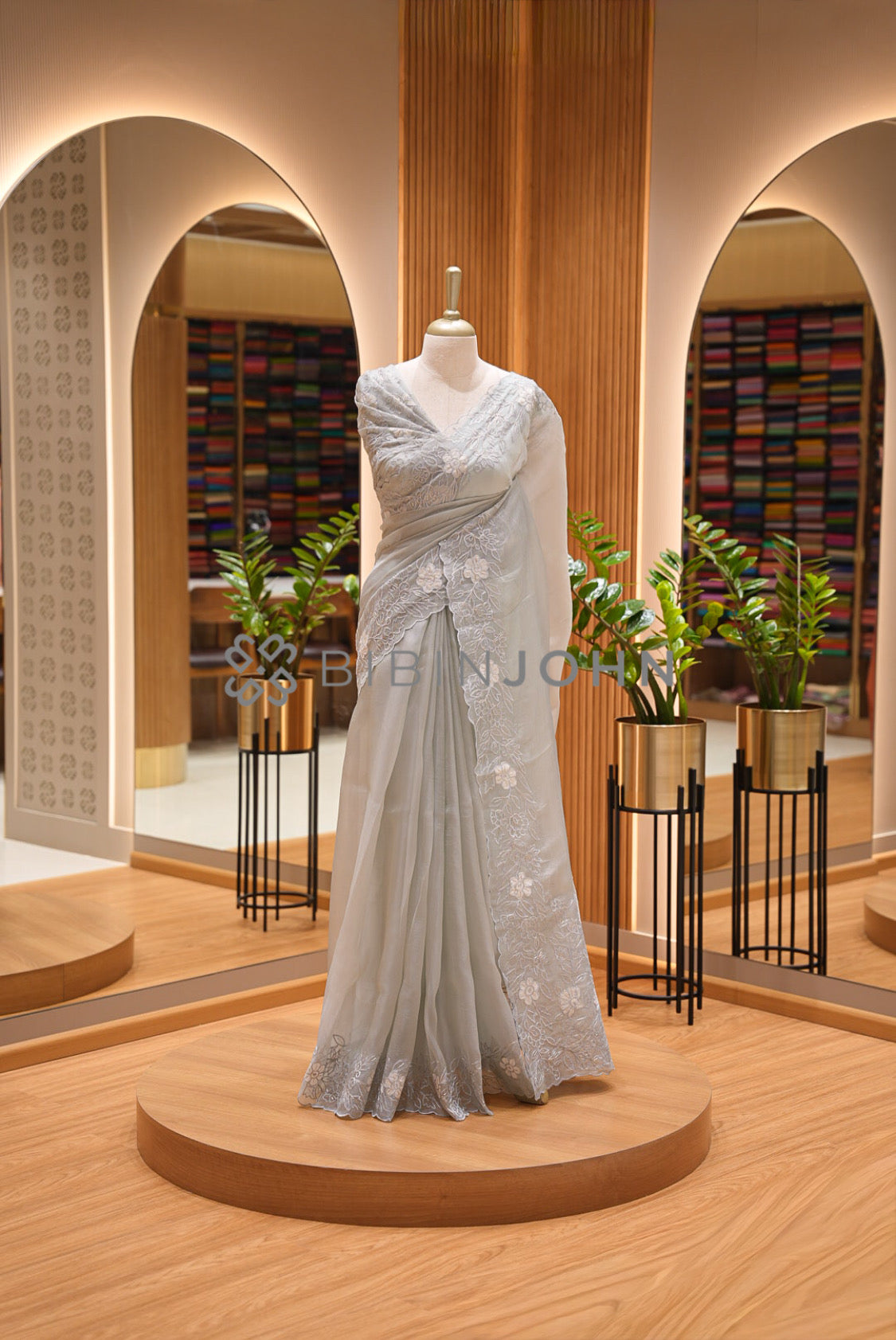 Tissue Organza Embroidery Saree For Women Pearl Grey