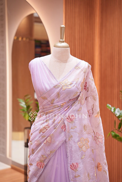 Tissue Organza Embroidery Saree For Women Lavender  CLOSE VIEW