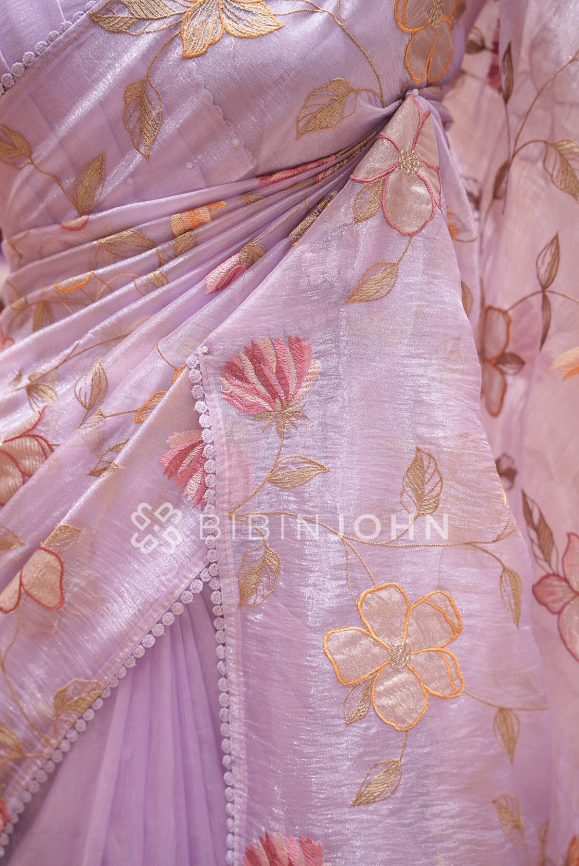 Tissue Organza Embroidery Saree For Women Lavender  SIDE VIEW