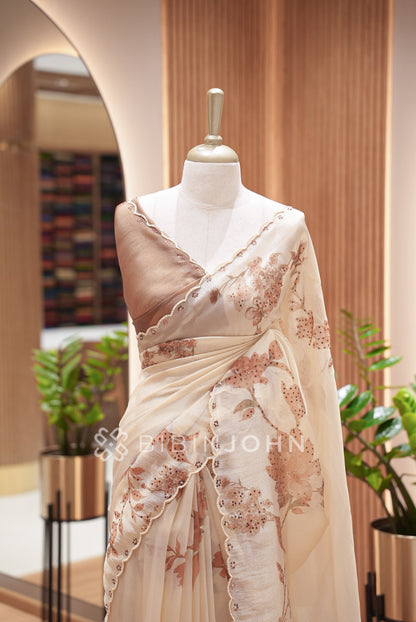Tissue Organza Embroidery Saree For Women Ivory Cream  close view