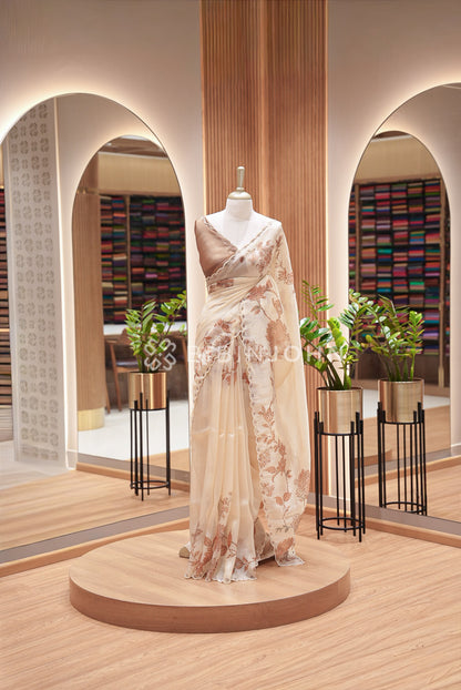 Tissue Organza Embroidery Saree For Women Ivory Cream 