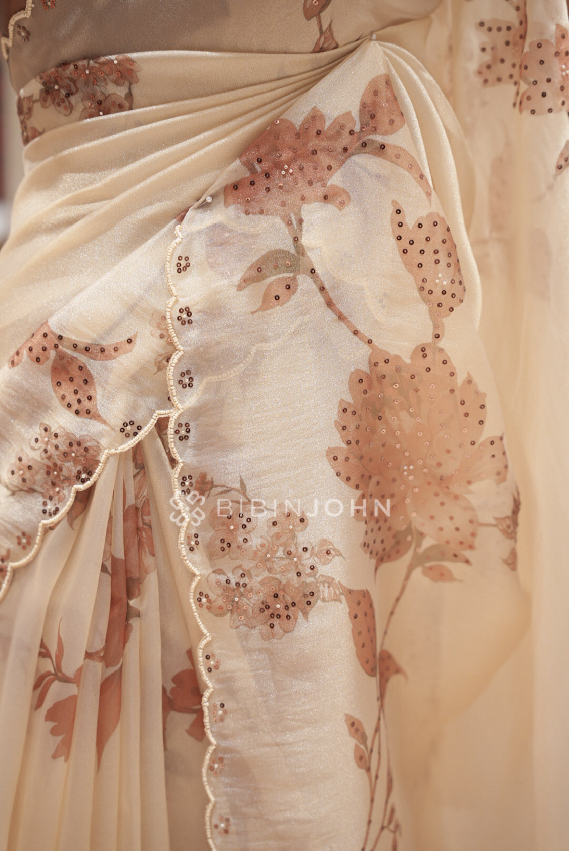 Tissue Organza Embroidery Saree For Women Ivory Cream side view
