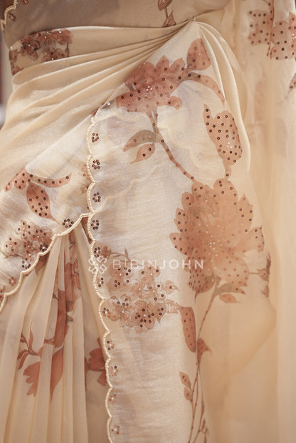 Tissue Organza Embroidery Saree For Women Ivory Cream side view