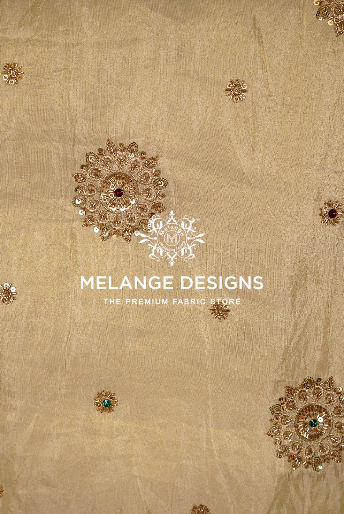 Beige Tissue Silk Embroidery Fabric with gold sequin and bead embroidery.
