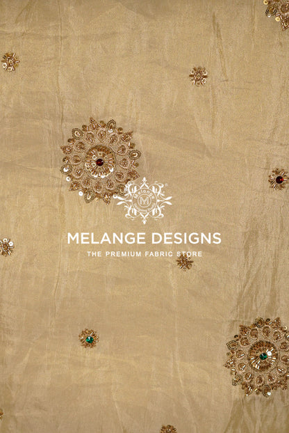 Beige Tissue Silk Embroidery Fabric with gold sequin and bead embroidery.